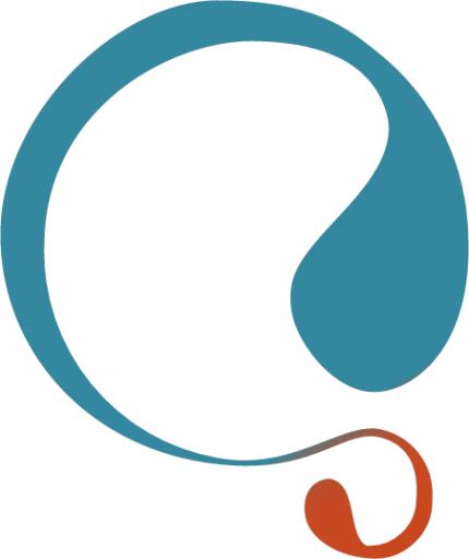 Abstract design with a curved blue and orange shape, resembling a stylized drop or swirl, on a transparent background.