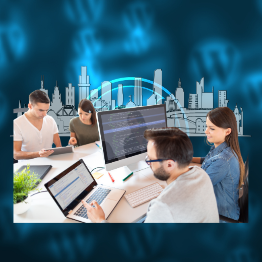 Team collaborating in a modern office with laptops and desktops, set against a digital cityscape background. Ideal for tech and business concepts.